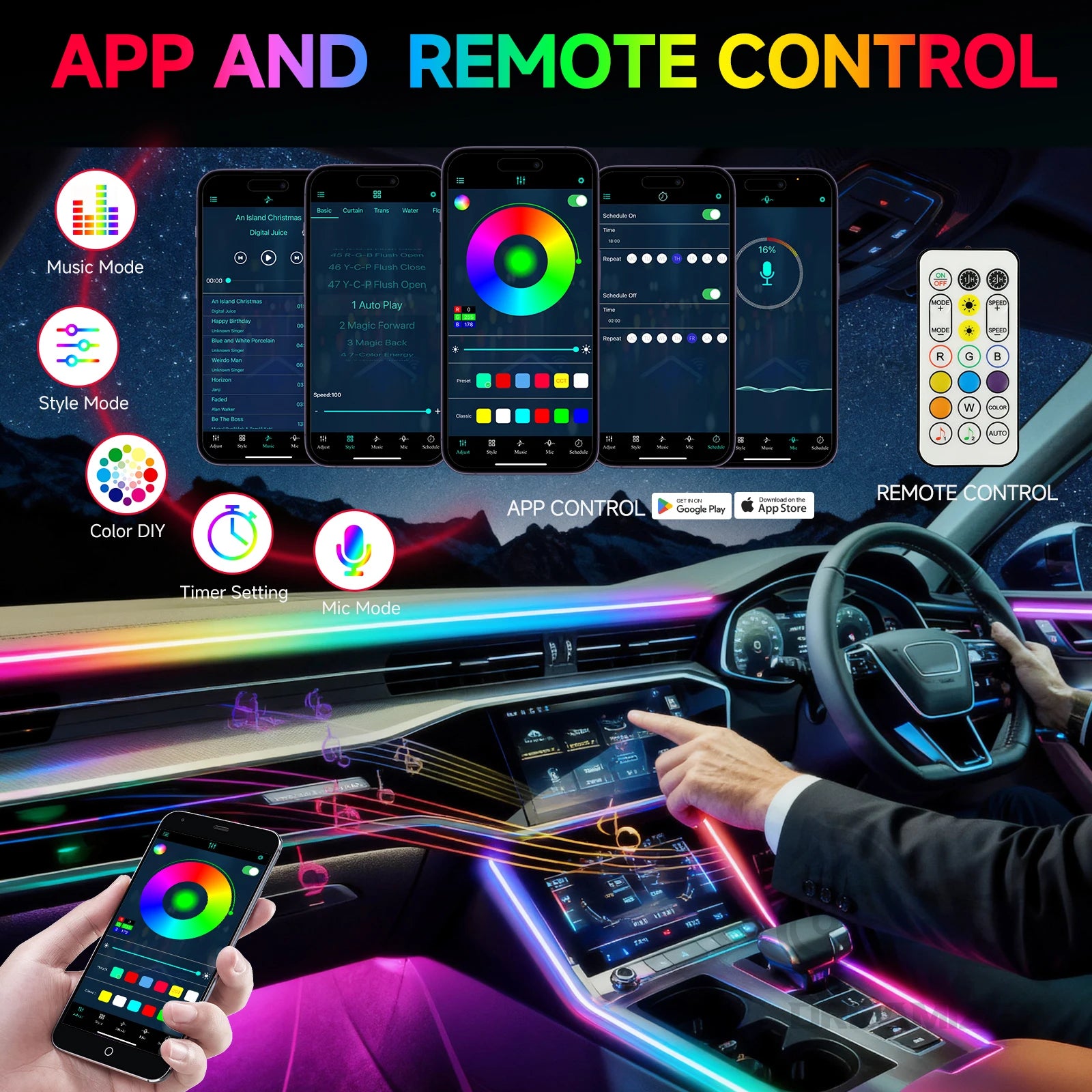 LED Ambient Light Car Interior Lights Strip Neon RGB Environment Lamp Car Auto Decoration Accessories 10 in 1