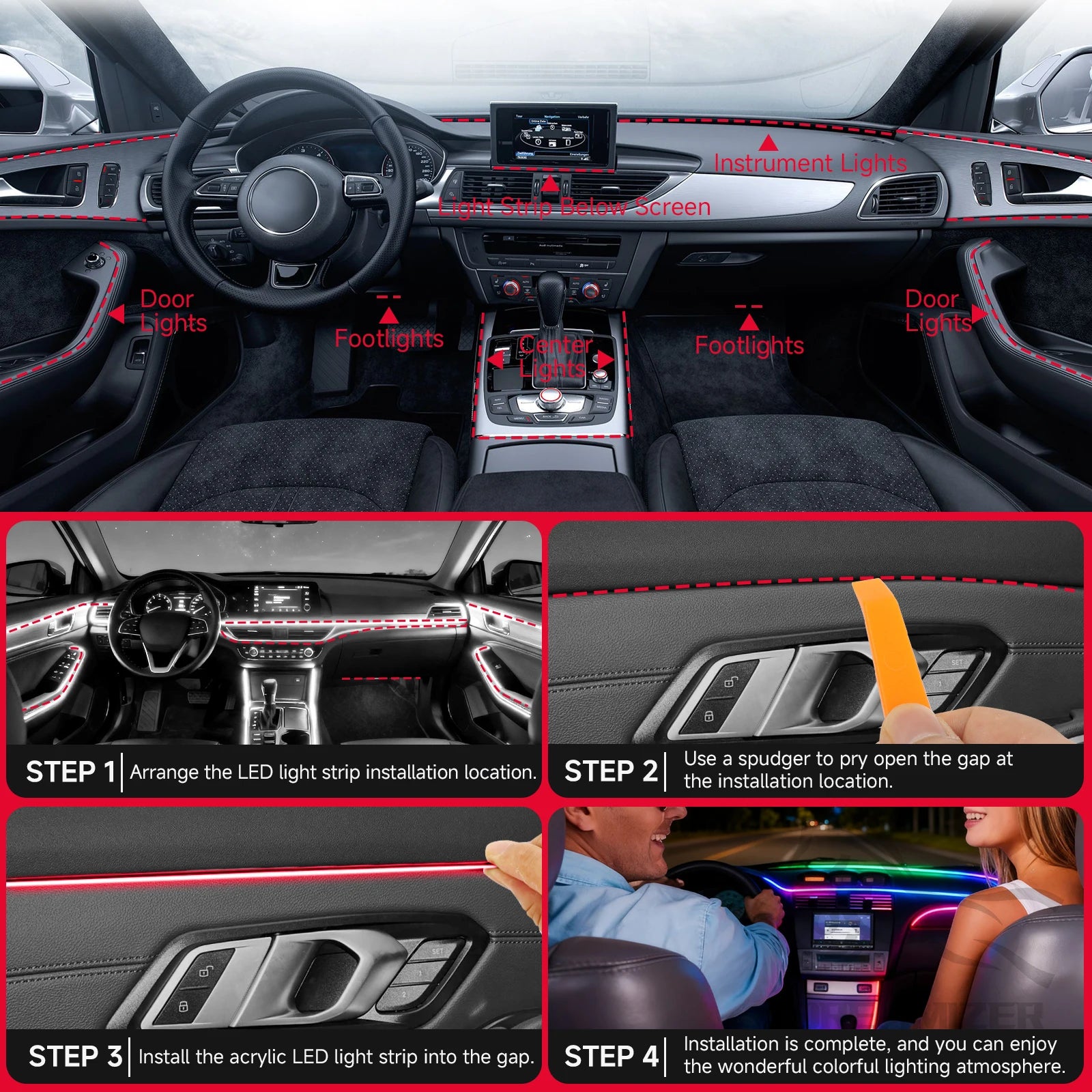 LED Ambient Light Car Interior Lights Strip Neon RGB Environment Lamp Car Auto Decoration Accessories 10 in 1